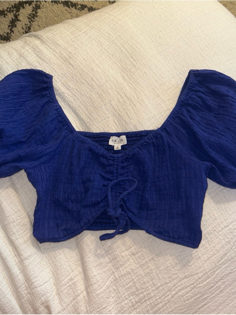 Le Lis Cobalt Blue Puff-Sleeve Tie-Front Crop Top